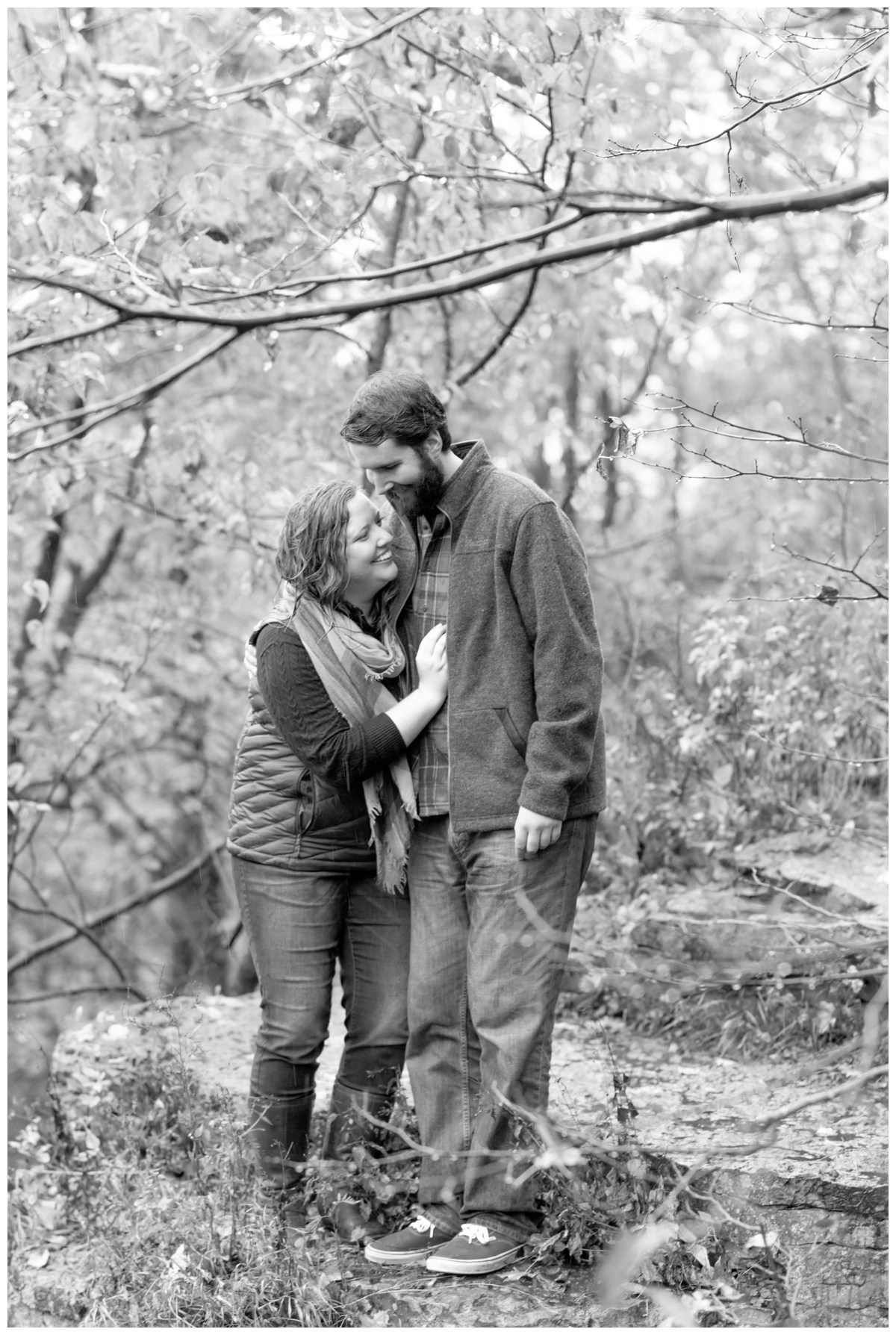 Amy Andrew Engagement Session High Cliff State Park Meghan Lee Harris Wisconsin Wedding Photographer Photography Woodsy Forest Beach Lakeside Rainy Romance Romantic