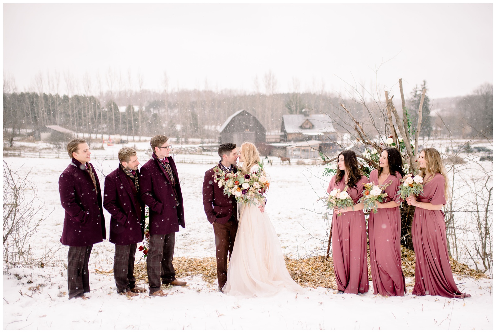 enchanted barn wedding hillsdale wisconsin photographer meghan lee harris winter dusty rose bridesmaids