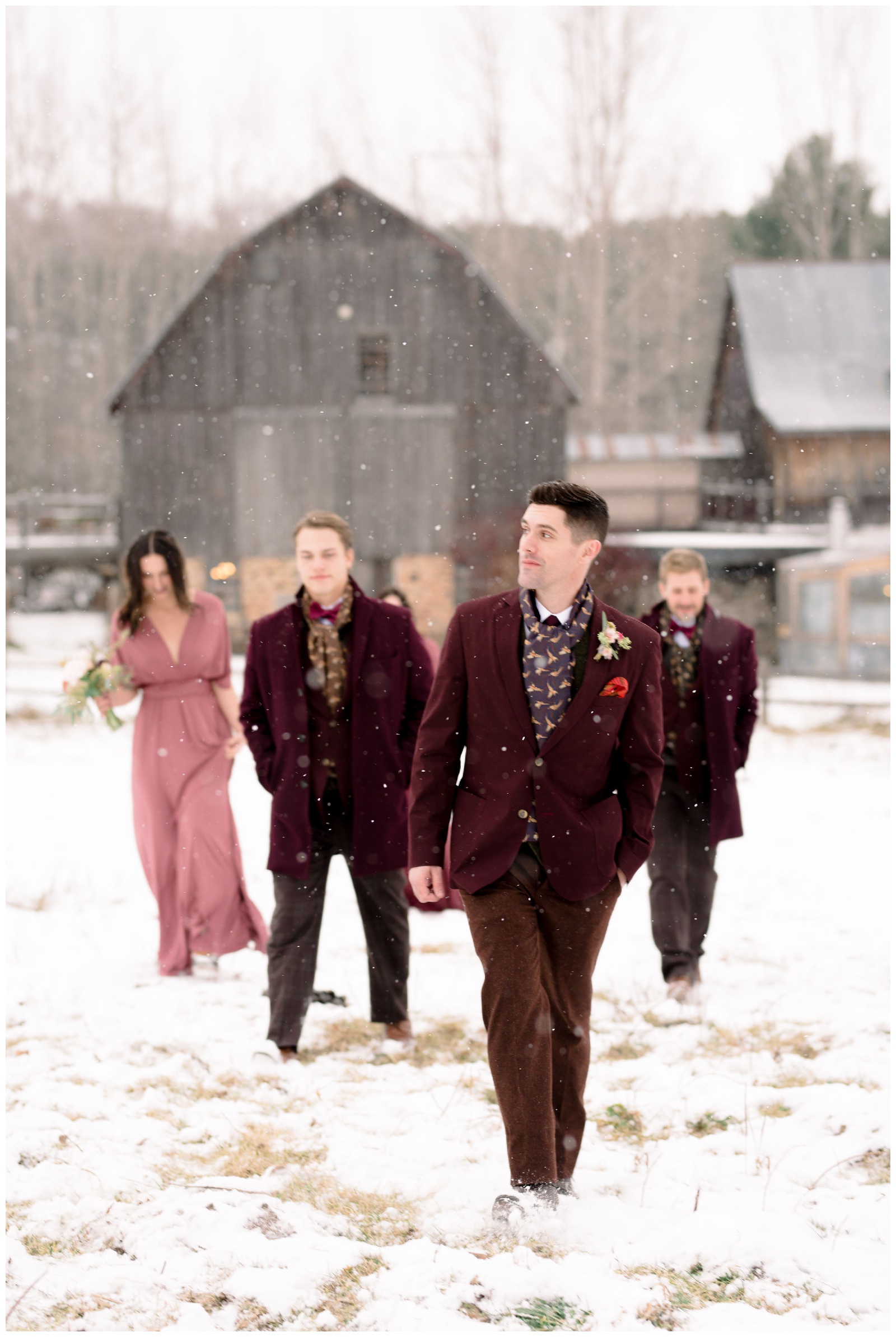 enchanted barn wedding hillsdale wisconsin photographer meghan lee harris winter dusty rose bridesmaids